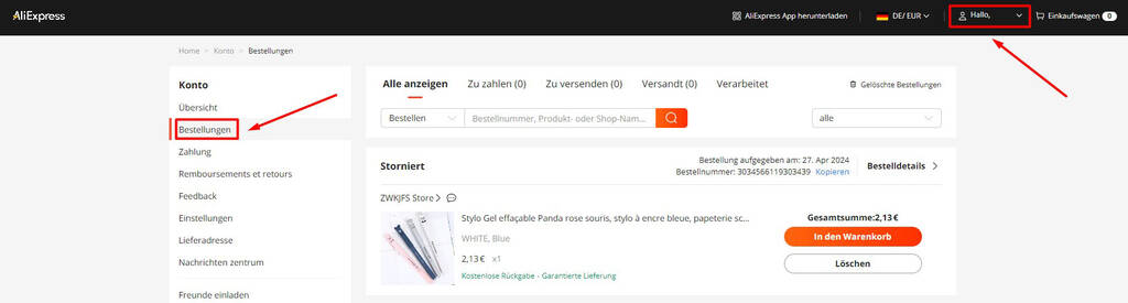 Bestellverlauf auf Aliexpress