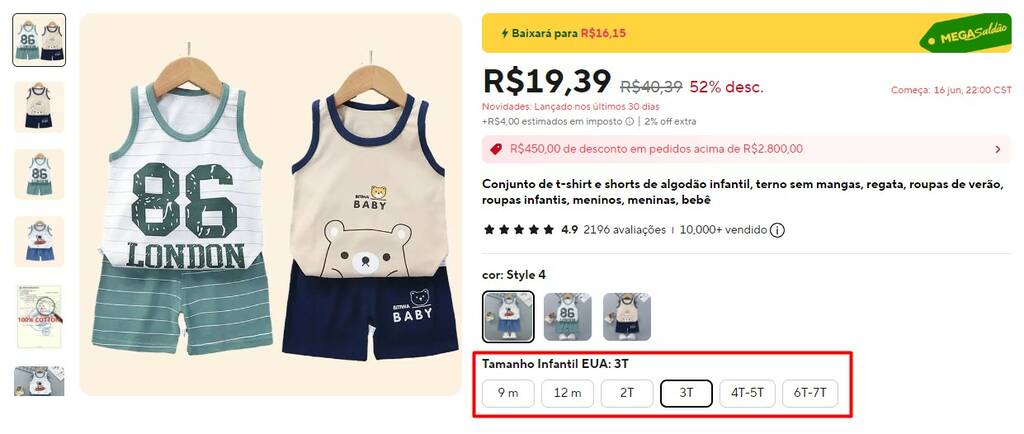 Tamanhos de roupas infantis no AliExpress