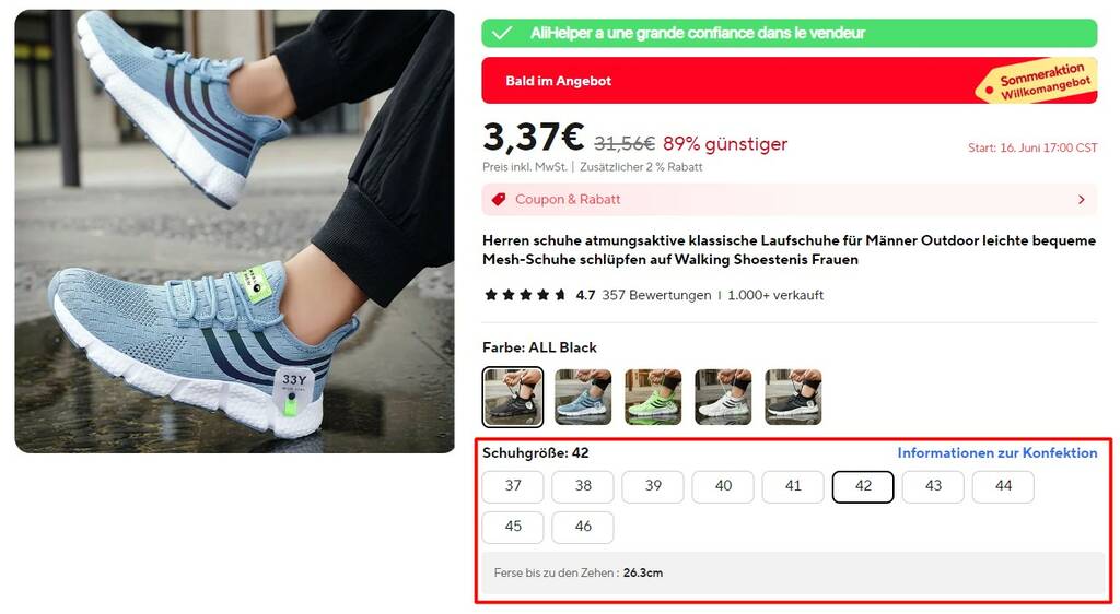 Schuhgrößen auf AliExpress