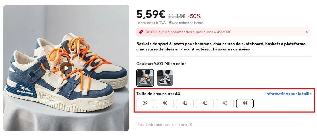 Tailles de chaussures sur AliExpress