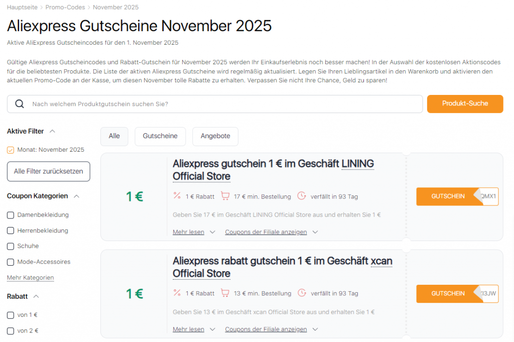 Verkäufe auf Aliexpress November Gutscheine
