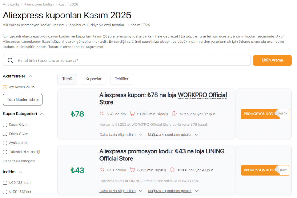 Aliexpress'te Satışlar Kasım kuponları