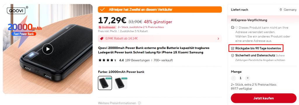 aliexpress rückgabe