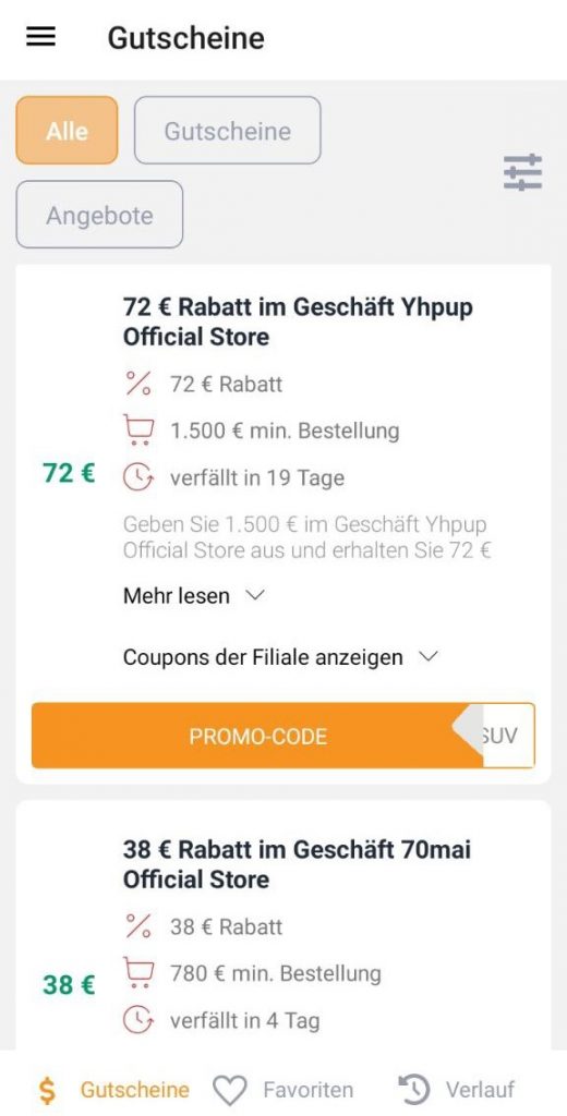 Mobile Anwendung AliExpress - Promocodes