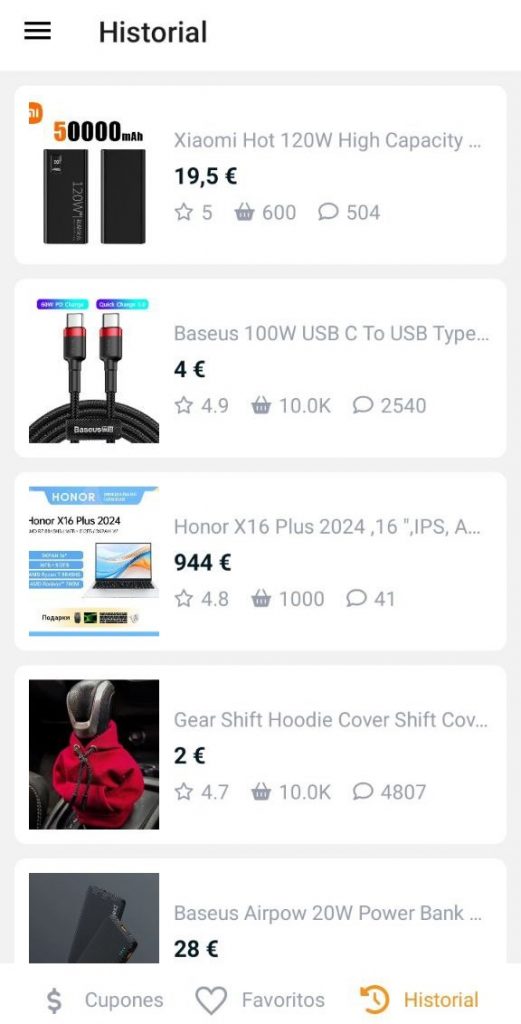 Aplicación móvil Aliexpress - Historial