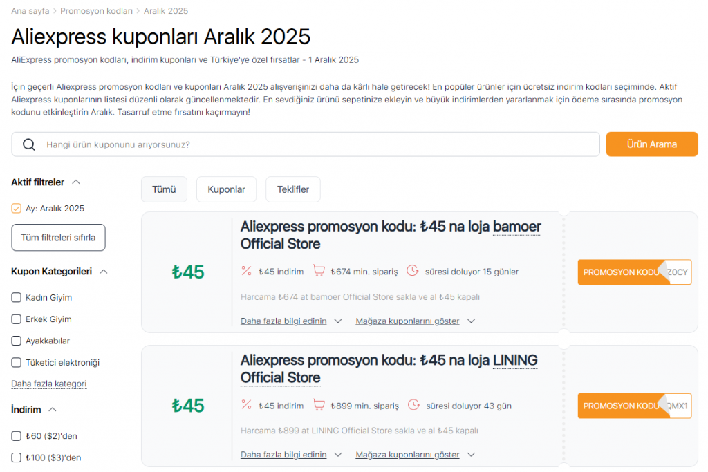 Aliexpress'te Satışlar Aralık Kuponlar