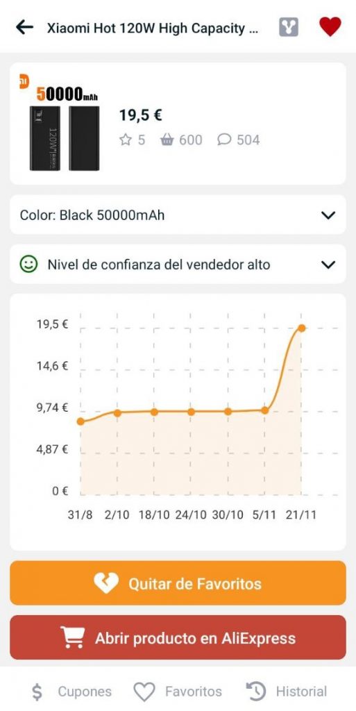 Aplicación móvil Aliexpress - Cambio de precios