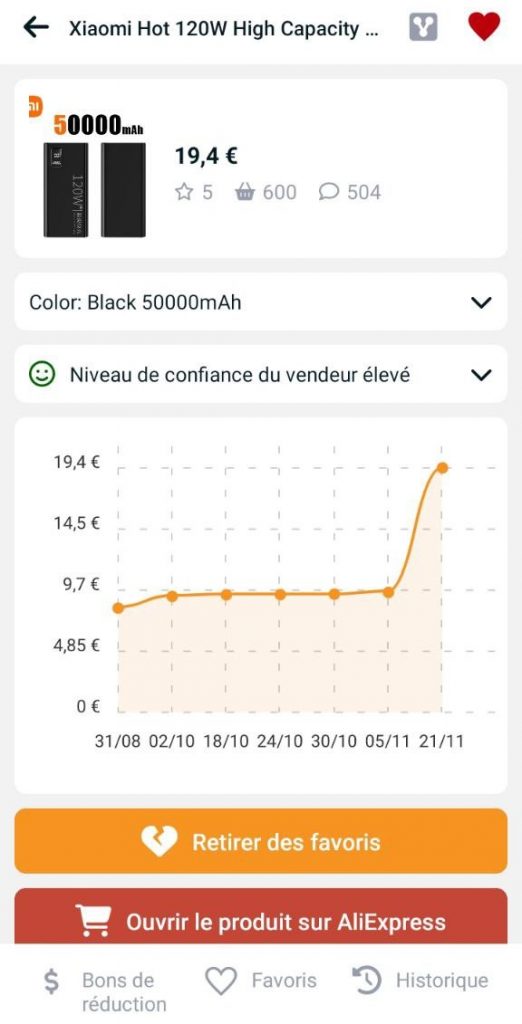 Application mobile Aliexpress - changements de prix