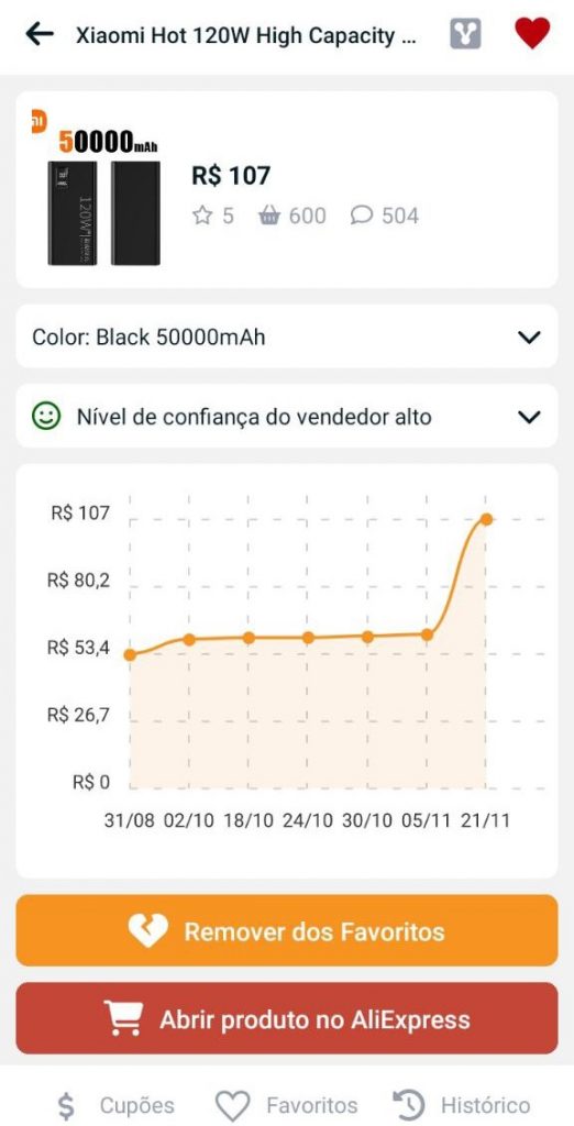 Aplicativo móvel Aliexpress - alterações de preços