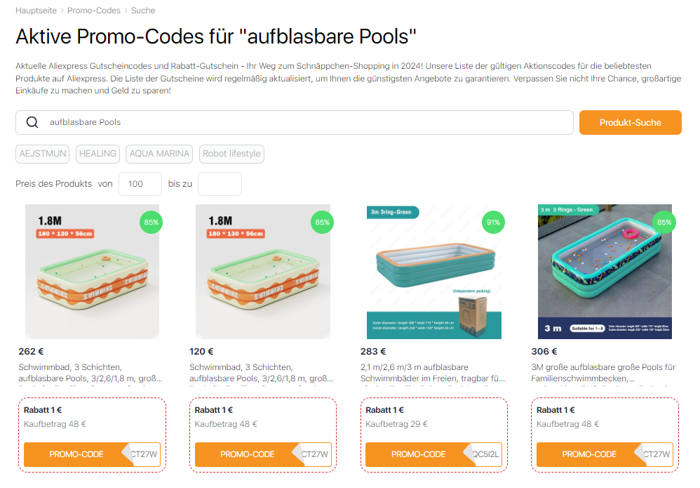 Aliexpress-Gutscheine für den Kauf von aufblasbare Pools