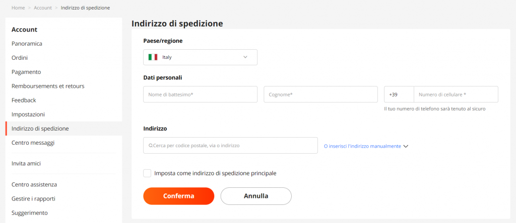 cambiare l'indirizzo di spedizione su Aliexpress