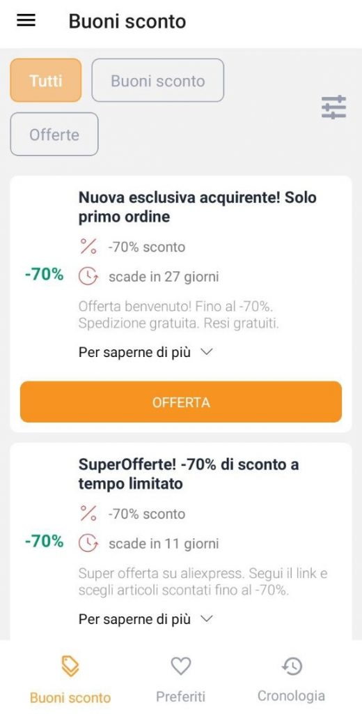 Applicazione mobile AliExpress - Buoni