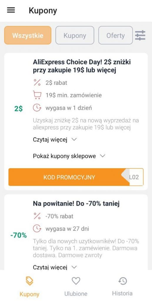 Aplikację mobilną aliexpress - Kupony