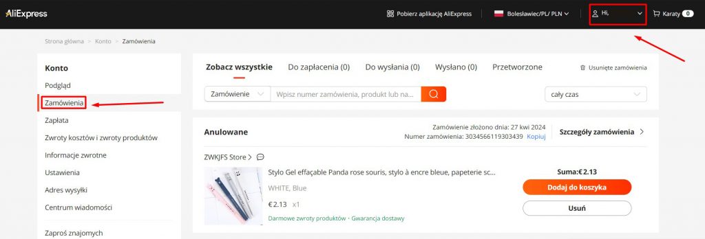 Historia zamówień na Aliexpress