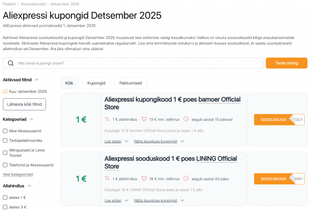 Müük Aliexpressil detsembris sooduskoodid