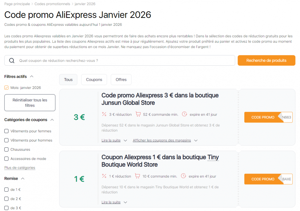 Ventes sur Aliexpress Janvier coupons