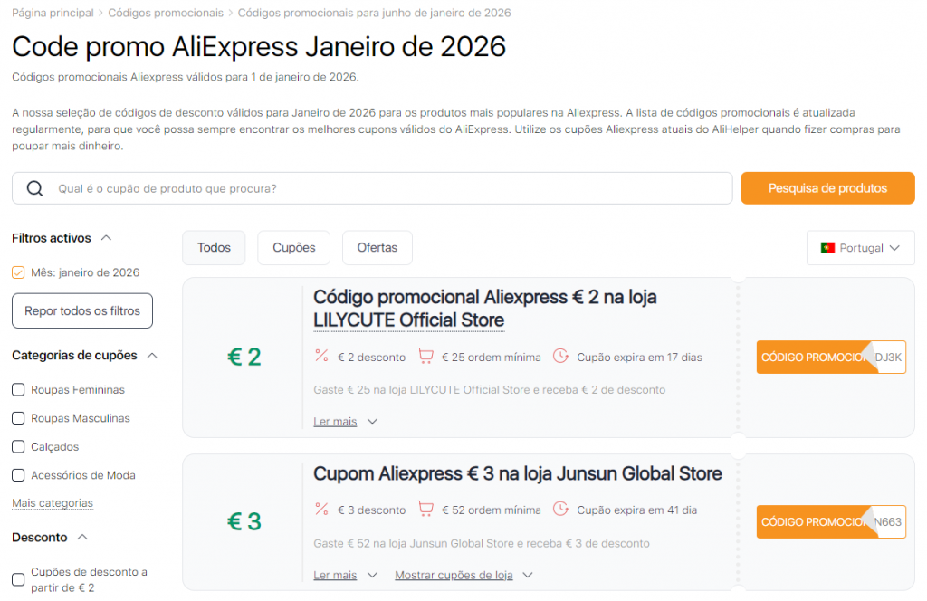 Promoções no Aliexpress Janeiro cupons de desconto