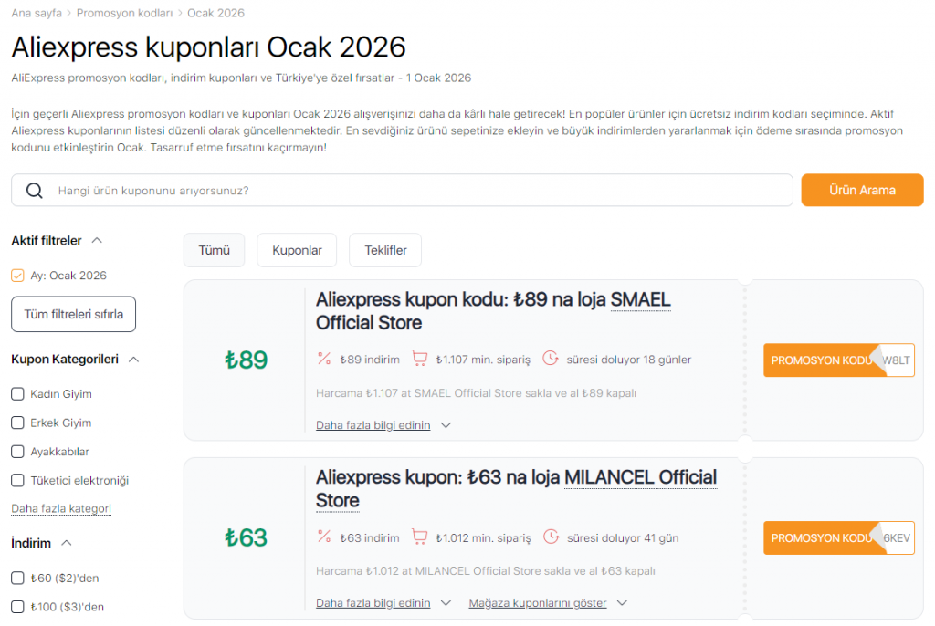 Aliexpress satışları Ocak İndirim Kuponları