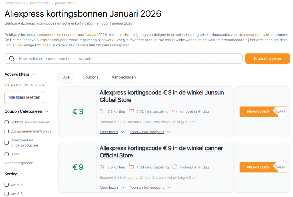 Verkoop op Aliexpress januari Kortingsbonnen