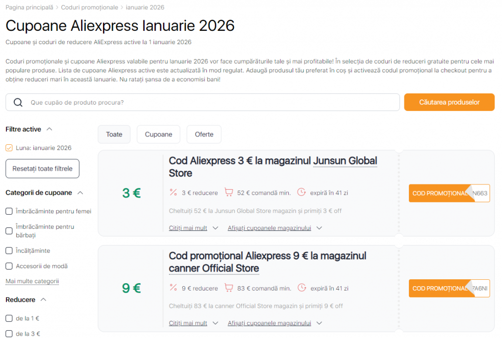 Vânzările pe Aliexpress ianuarie Cupoane de reduceri