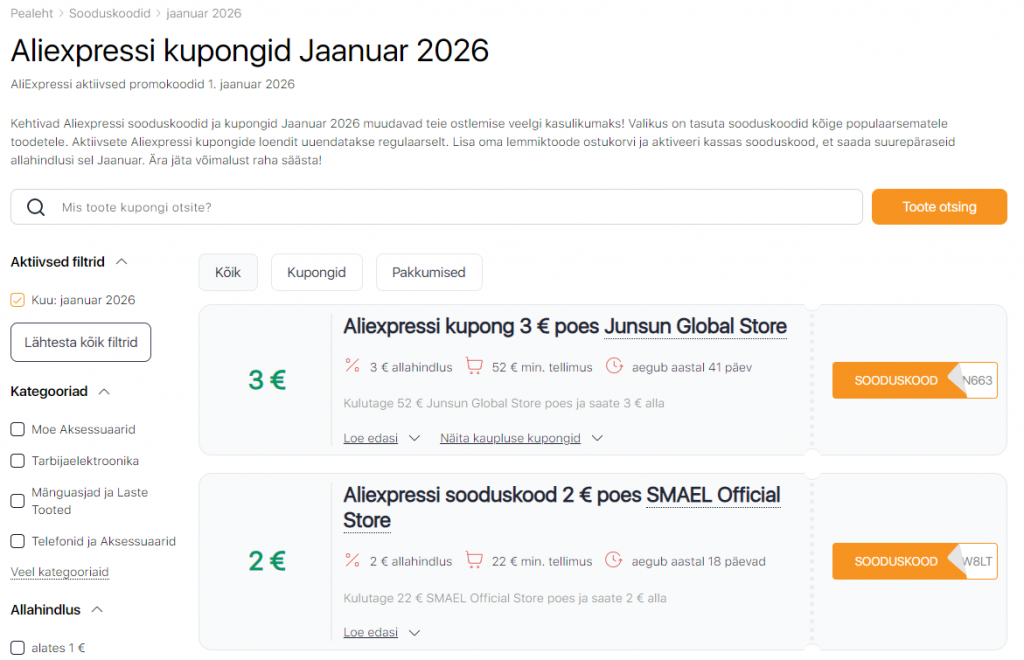Müük Aliexpressil jaanuaris Allahindluskupongid