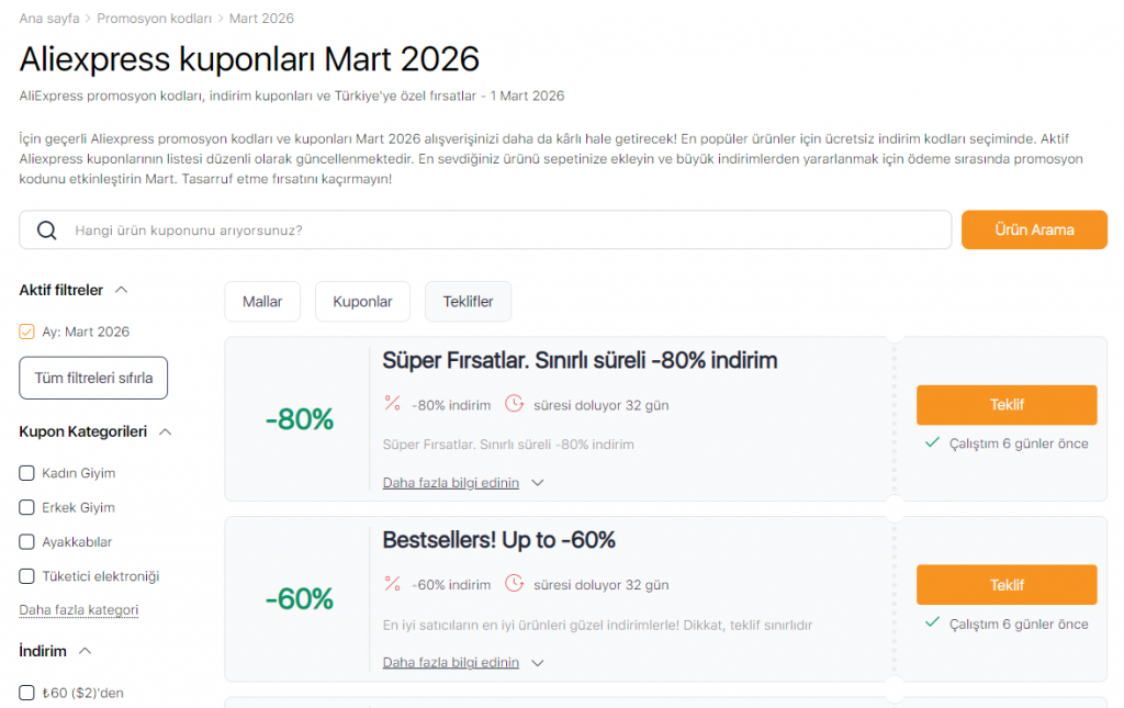 Aliexpress satışları Mart 2026 Kuponları