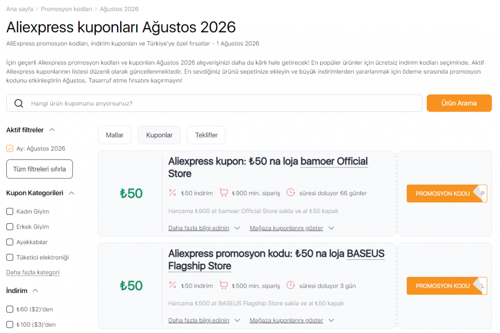 Aliexpress'te Satışlar Ağustos promosyon kodları