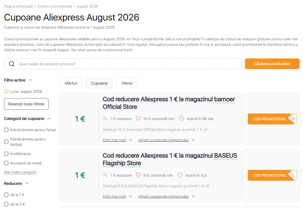 Vânzări pe Aliexpress august Coduri promoționale