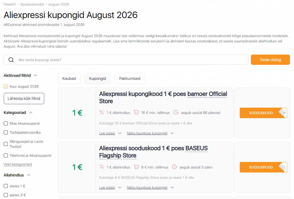 Müük Aliexpressil august sooduskoodid