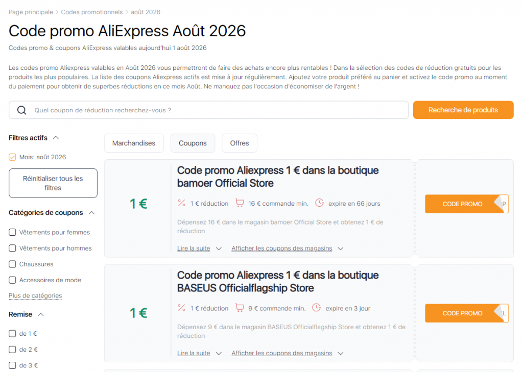 Codes promo valables pour Aliexpress Ventes