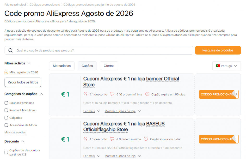 Códigos promocionais válidos para o Aliexpress Promoções