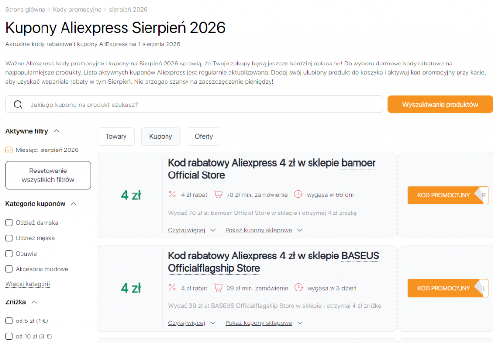 Ważne kody promocyjne Wyprzedażach Aliexpress sierpień