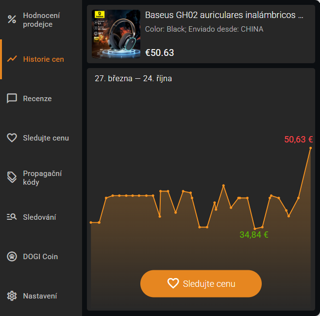 Funkce rozšíření - Historie cen AliExpress za 6 měsíců