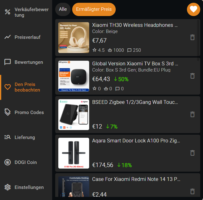 Erweiterungsfunktionen - Aliexpress-Preise eines bestimmten Artikels verfolgen