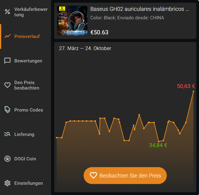 Erweiterungsfunktionen - Produktpreisverlauf für die letzten 6 Monate