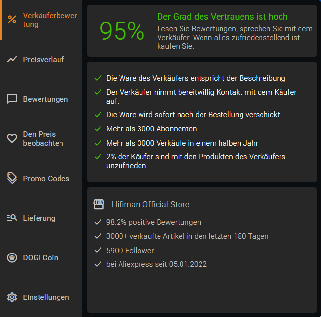 Detaillierte Verkäuferbewertung