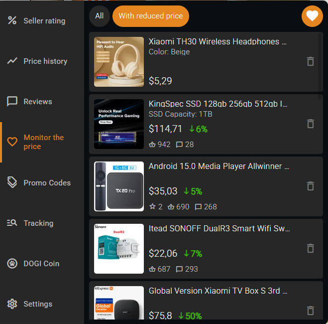 Extension features - track Aliexpress prices of a specific items
