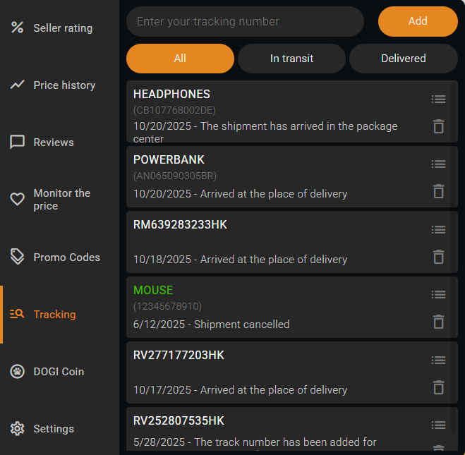 List of tracked parcels