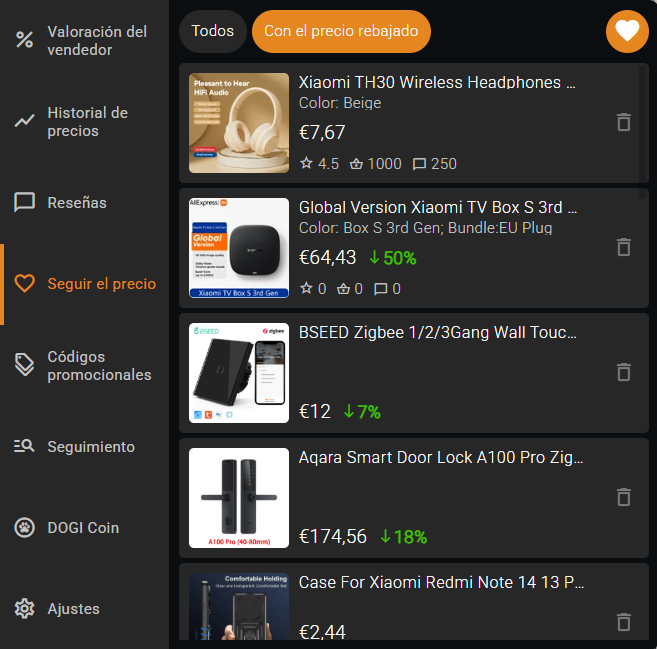 Seguimiento del precio en Aliexpress