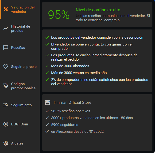 Detalles de la valoración del vendedor