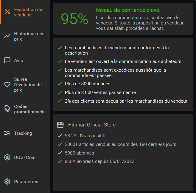 Détails de l'évaluation du vendeur
