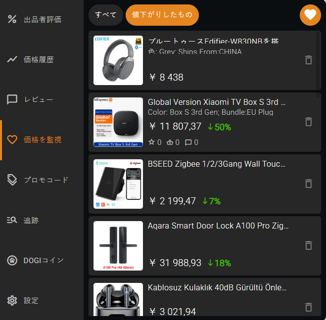 拡張機能の機能 - 特定の商品のAliexpress価格を追跡