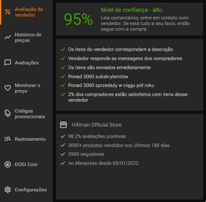 Detalhes da classificação do vendedor